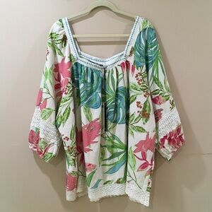 New Nicole Miller Shirt Women Plus 3X Floral Linen Cropped Crochet Boho